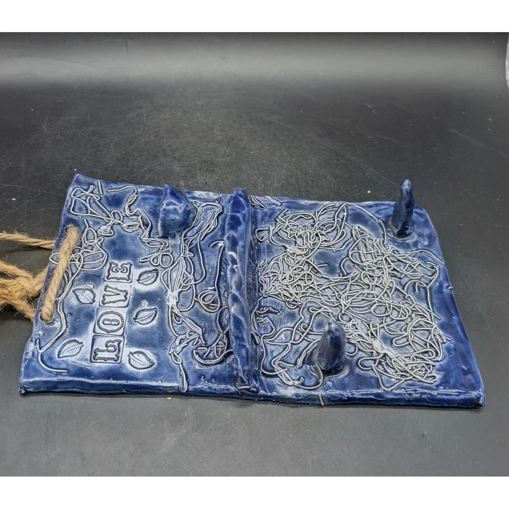 Handmade Studio Pottery Love Wall Hanging Cobalt Blue Ceramic Shelf with Pegs 8